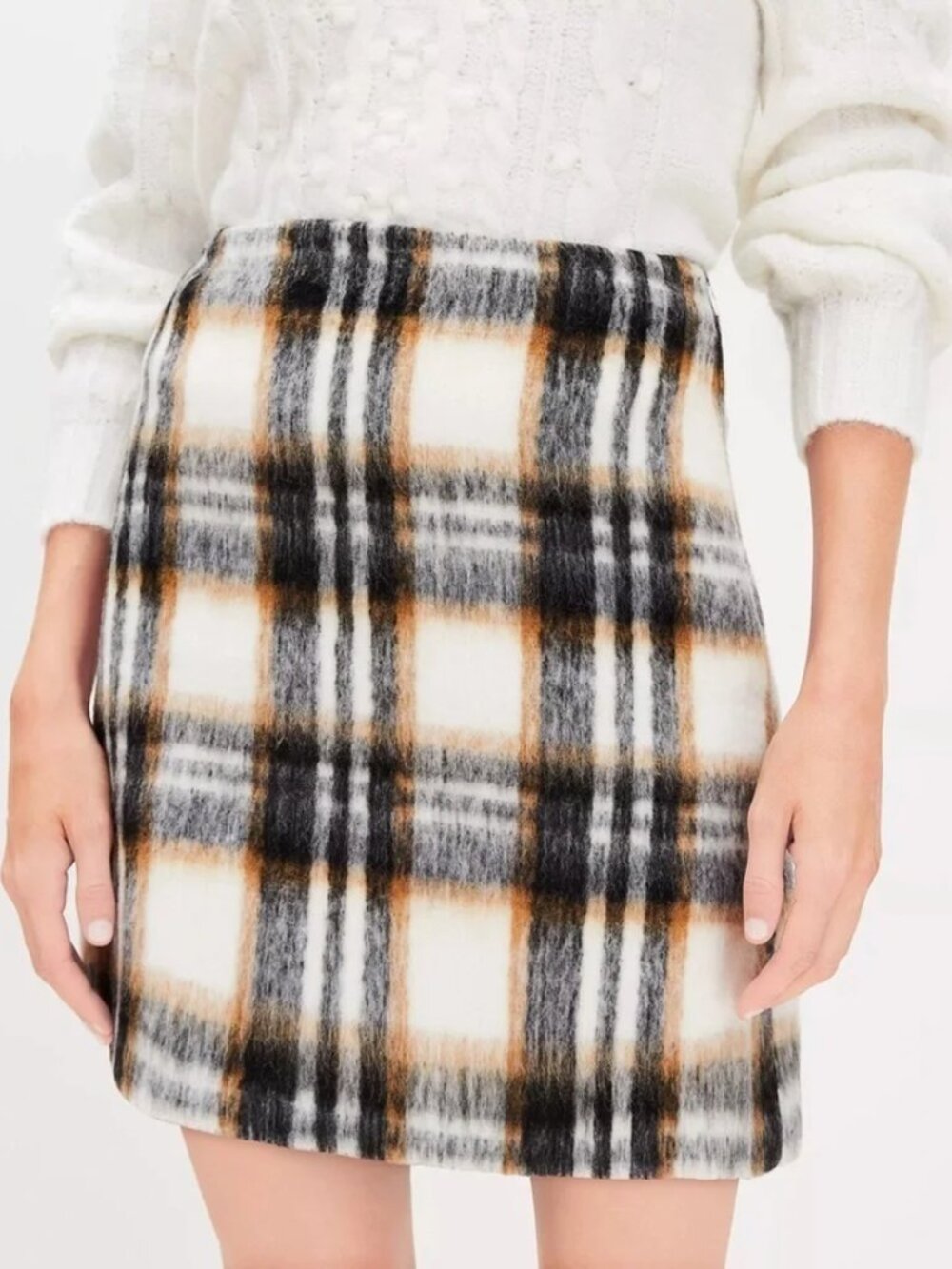 Loft Womens 6 Petite Brushed Plaid Pencil Skirt Tan Black White New